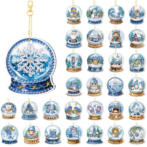 WILLBOND 30 Pcs Blue Winter Diamond Art Keychain Kits for Adults | Christmas Diamond Art, Double Sided, Blue Christmas Diamond Painting Crystal Ball Ornaments for Adults Crafts Gifts Decor - color: Blue Crystal Ball