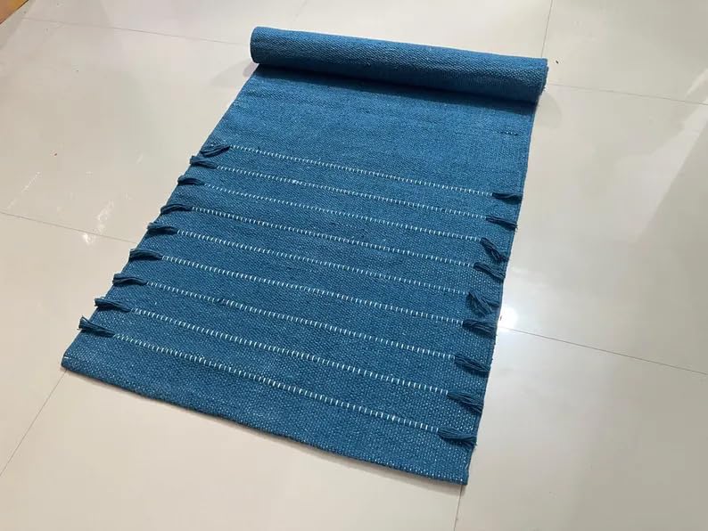 Payal Rugs Cotton Yoga Mat - Eco-Friendly Hand-Woven Rug - Non Slip & Thick (24”x72”x5mm) for Yoga Everyday Fitness at Home - Comfortable Extra-Long - color: Blue