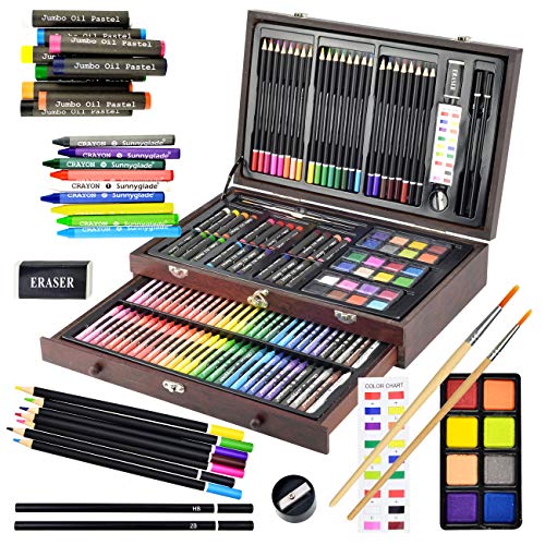 Sunnyglade 145 Piece Deluxe Art Set Wooden Art Box & Drawing Kit Cherry | Art Kit with Crayons, Oil Pastels, Colored Pencils, Watercolor Pans, Sketch Pencils, Brush, Sharpener, Eraser, Color Chart - color: multi-color