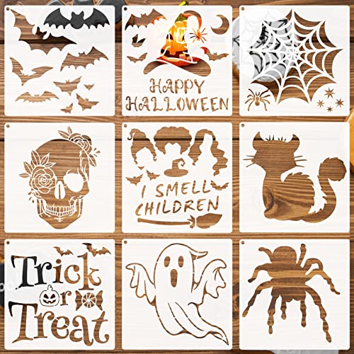 Halloween Stencils for Painting on Wood Walls Crafts Canvas, Reusable Happy Halloween/Trick or Treat/Spider Web/Skull/Bats/Cat/Ghost Painting Stencils for Halloween Decorations - color: Halloween Stencils