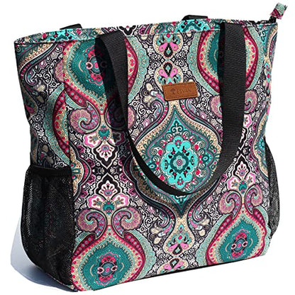 ESVAN Original Floral Water Resistant Large Tote Bag Shoulder Bag for Gym Beach Travel Daily Bags Upgraded - color: [R] Pattern