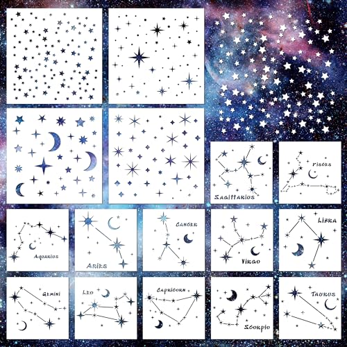 Keluna Star Stencils for Wall Decor - 16 Pcs Reusable Star Moon Zodiac Constellation Stencils for Wood, Canvas, Furniture - style: star