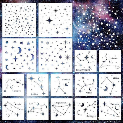 Keluna Star Stencils for Wall Decor - 16 Pcs Reusable Star Moon Zodiac Constellation Stencils for Wood, Canvas, Furniture - style: star