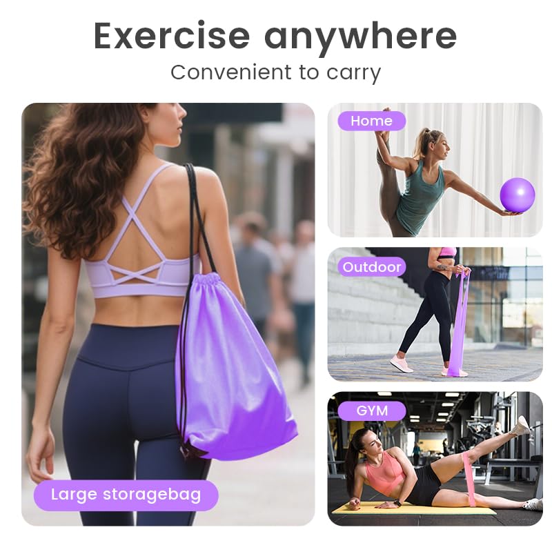 Home Pilates Essentials Kit for Women, with 5 Resistance Bands - Magic Circle Pilates Kit for Home Toning, Includes Yoga Ball, Stretch Strap & Gym Bag (13-Piece Complete Starter Set) - color: Purple