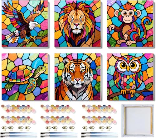SYDYLH 6 Pack Paint by Numbers Kit for Kids Ages 4-12 / Adult/Teen, Easy DIY Animal Painting Kit with Frame, Beginner Acrylic Paint by Number Canvas 8x8 Inch for Boys Girls Arts Crafts Gift - color: Animal Paint By Numbers with Framed 6-pack-2, size: 8''x