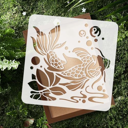9Pcs Koi Fish Stencils, Animals Reusable Painting Templates | Multi-Size Plastic Craft Stencils, Koi Fish Wall Stencils, DIY Home Decor Templates for Wall Floor Fabric Furniture Glass - style: Koi Fish