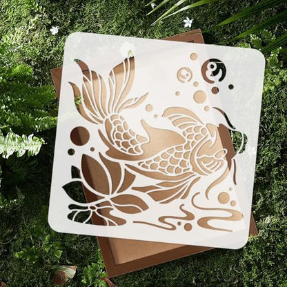 9Pcs Koi Fish Stencils, Animals Reusable Painting Templates | Multi-Size Plastic Craft Stencils, Koi Fish Wall Stencils, DIY Home Decor Templates for Wall Floor Fabric Furniture Glass - style: Koi Fish
