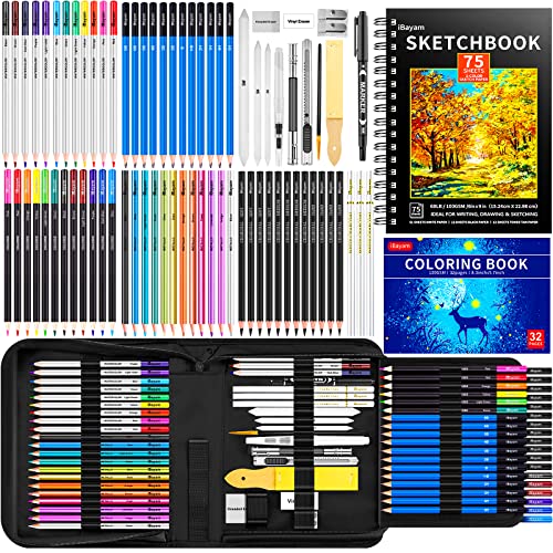 iBayam Art Sketching Drawing Supplies, 3-Color Sketchbook & Coloring Book | 78-pc Professionals art kit, graphite, charcoal, watercolor & metallic pencils, Non-toxic, zip case, Adults Kids Teen Girls - color: 78 Colors