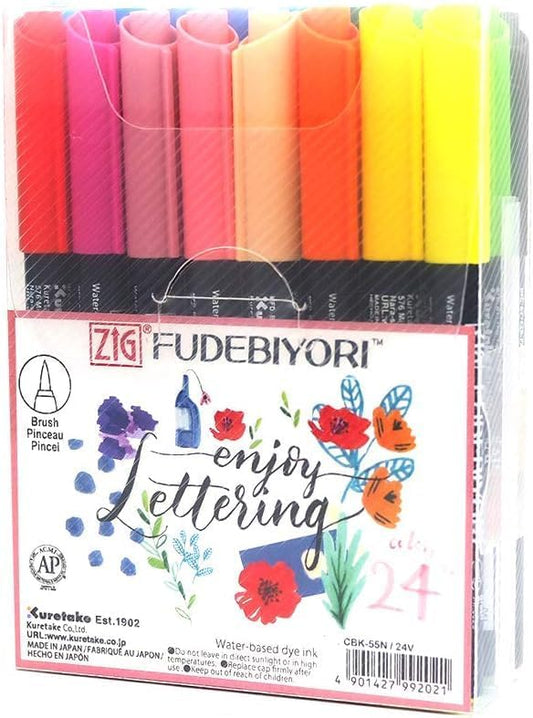 Kuretake ZIG FUDEBIYORI Brush Pens 24 Colors set, AP-Certified, Odourless, Xylene free, Flexible Hard brush tip, Effective for both details and larger spaces, Professional quality, Made in Japan - style: 24 Colors Set