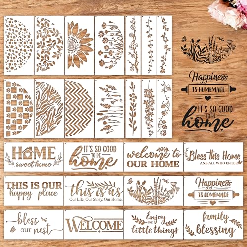 Sitsink Welcome Home Stencils for Painting - 26 Pcs Reusable Art Templates, Happy Family Blessing Stencils for Wood Sign Wall DIY Crafts Gift Projects - style: welcome home