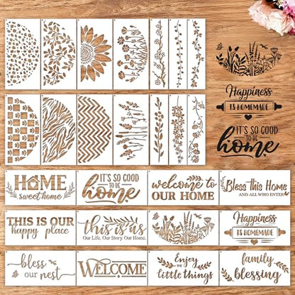 Sitsink Welcome Home Stencils for Painting - 26 Pcs Reusable Art Templates, Happy Family Blessing Stencils for Wood Sign Wall DIY Crafts Gift Projects - style: welcome home