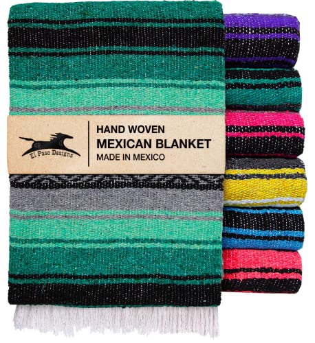 El Paso Designs Mexican Yoga Blanket – Colorful Falsa Serape Throw for Yoga, Beach, Picnic, Saddle, or Home Décor – Soft Woven Boho Blanket (Teal, Gray and Mint) - color: Teal, Gray and Mint