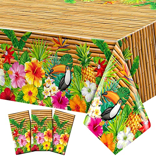 Frienda 6 Pcs Tiki Tablecloth Luau Table Cover Hawaiian Decor, Modern Style | Disposable for Luau Beach Party Decor, Tiki Totem Mask Print, Easy Cleanup Plastic Cover for Aloha Tropical Themed Events - style: Modern