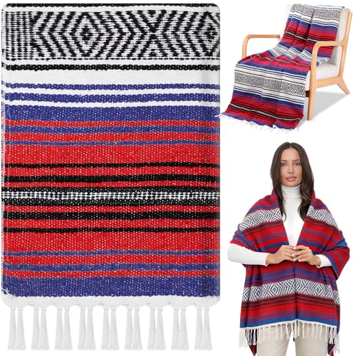 Oudain Mexican Blanket Woven Authentic Falsa Throw 45 x 70 Inch – Authentic Baja Serape Saddle Blanket Outdoor for Restorative Yoga, Beach, Picnic, Couch, Car Travel(Sunset Fiesta) - color: Sunset Fiesta