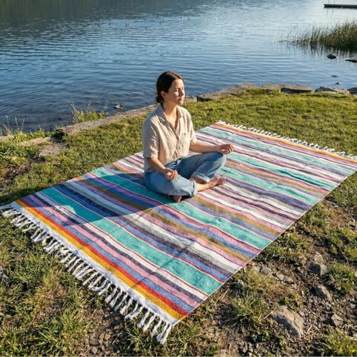 Open Road Goods Authentic Mexican Serape Blanket – 100% Cotton Falsa Throw - Multi-Color Handmade Blanket/Classic Striped Falsa Beach Blanket (Mint Pastel) - color: Mint