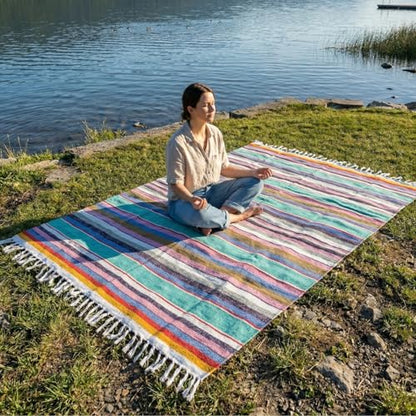 Open Road Goods Authentic Mexican Serape Blanket – 100% Cotton Falsa Throw - Multi-Color Handmade Blanket/Classic Striped Falsa Beach Blanket (Mint Pastel) - color: Mint