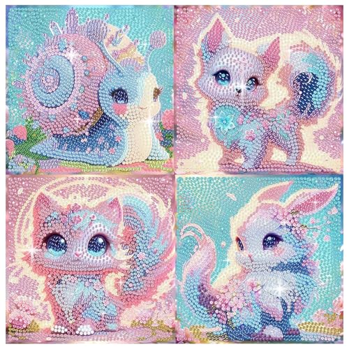 FlyingMage 5D Diamond Art Kits for Adults,Kawaii DIY Painting Art for Women, 4 Pack Cute Diamond Arts and Crafts Sets,Diamond Art Mosaic Kits,Big Gem Full Drill Diamond Dots, Fox Cat Rabbit Snail - color: Pink&Blue Fox+Cat+Rabbit+Snail