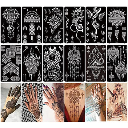 XMASIR 12 Sheets Henna Tattoo Stencils, Glitter Airbrush Hand Temporary Tattoo Stickers Indian Arabian Self Adhesive Tattoo Templates (S5-12P) - size: S5-12P