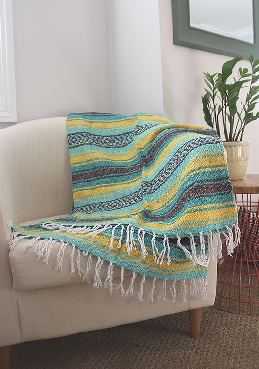 Del Mex Classic Mexican Blanket, Large Authentic Woven Falsa Throw (70"x50"), Artisan Southwest Décor for Beach, Yoga, Outdoors (Teal/Yellow) - color: Teal/Yellow