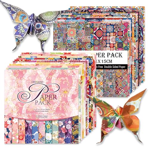 Origami Paper 100 Sheets, 6-Inch Square Double Sided Colored Craft Paper | 70GSM colorful paper,100 Vivid Pattern Origami Kit,DIY Hand Crafts,Arts Creativity,Easy to Fold,No-Fading.Bohemian Blossom - color: 100 sheets-Bohemian sakura
