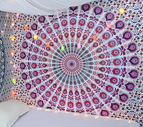 Popular Handicrafts Tapestry Wall Hanging Hippie Mandala Bohemian Hippy Psychedelic Design Indian Peacock Meditation Gypsy Tapestries Bedspread 30 x 40 Inches (76 x 101 cms), Blue - color: White - Pink, size: 40"L x 30"W