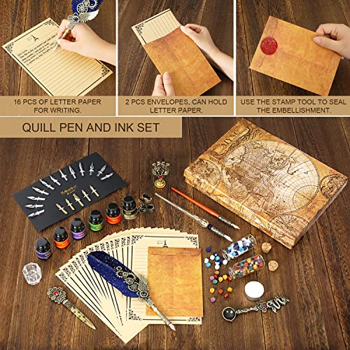 Quill Pen Ink Set, With Quill Pen, Wooden Dip Pen, Glass Dip Pen, 6 Bottles Ink, 16 Letter Paper, 2 Envelopes, 17 Nibs, Pen Holder,2 Bottles Fire Lacquer Wax, Stamp, Spoon, White Wax, Cup(Blue) - color: Blue