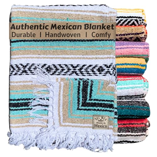 Del Mex Classic Mexican Blanket, Large Authentic Woven Falsa Throw (70"x50"), Artisan Southwest Décor for Beach, Yoga, Outdoors (Mint/Tan) - color: Mint/Tan