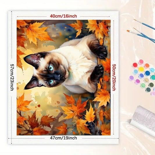 TAOPAOLAB Blue-Eyed Cat in Autumn Paint by Numbers Kit for Adults - DIY Siamese Cat and Fall Foliage Painting on Canvas 16x20 Inches, Acrylic Paint Set, Suitable for Beginners, Pet Art for Decoration - color: FM04719, size: 40×50cm Unframed