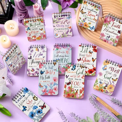 Fuyoooo 12 Pcs Bible Verse Diamond Art Notebook for Adult, 4.72 x 2.83 Inch | Bible Verse Diamond Art Kits, Christian DIY Cover Notebook Diamond Painting for Beginners, 5d Journal Notepad Accessories - style: Floral Bible