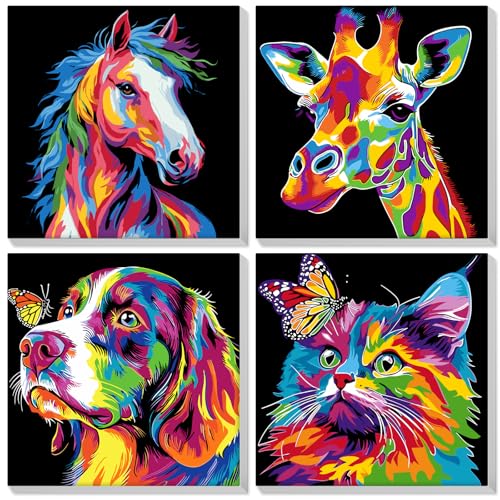 Bowetile 4 Pack Framed Paint by Numbers for Adults Beginners, Colorful Animals Paint by Numbers for Kids Ages 8-12 on Canvas, DIY Oil Acrylic Number Painting Art Crafts for Home Wall Decor, 8x8in - color: colorful animals