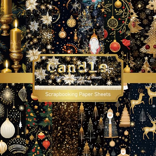 6x6 Scrapbook Paper Pad - Black Gold Christmas 160gsm Heavyweight Cardstock, 24 Pcs Vintage Santa & Reindeer Decorative Paper for Holiday Cards, Junk Journal & DIY Crafts - color: R2462 - 6×6