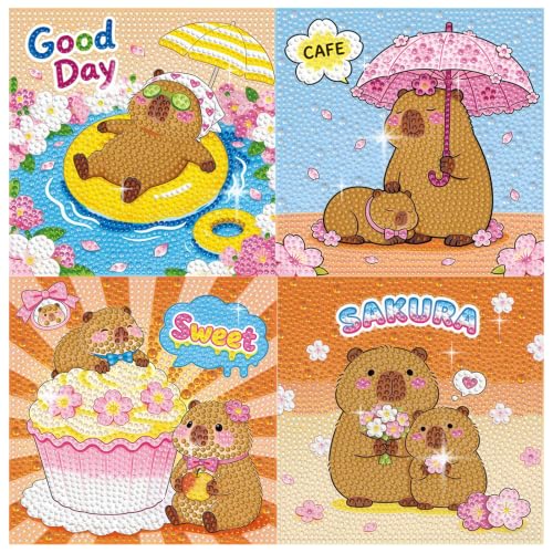 PERFECTSIGHT Cute 5D Diamond Art Kits, Kawaii DIY Painting Art for Adults Teen, 4 Pack Diamond Arts and Crafts Sets, Big Gem Full Drill Diamond Dots for Women (Sakura Capybara) - style: Sakura Capybara