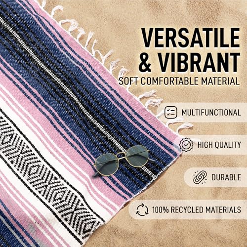 Hydration Nation Authentic Large Handwoven Mexican Blanket - Soft Yoga- Durable Serape- Lightweight Falsa, Beach, Camping, Picnic, Outdoor Blanket 70"x50" - Rose Pastel - color: Rose Pastel