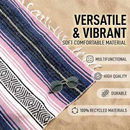 Hydration Nation Authentic Large Handwoven Mexican Blanket - Soft Yoga- Durable Serape- Lightweight Falsa, Beach, Camping, Picnic, Outdoor Blanket 70"x50" - Rose Pastel - color: Rose Pastel