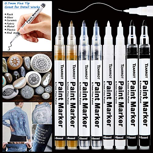 White Paint Pen, 8 Pack 0.7mm Acrylic Paint Pens with 2 White 2 Black 2 Gold 2 Silver Permanent Marker for Wood Rock Fabric Metal Plastic Ceramic Acrylic Markers Extra Fine Tip