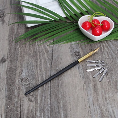 Tebatu Dip Pen Set, Wooden Handler Artist Signature Pen Set Calligraphy Dip Pens with 5 Nibs