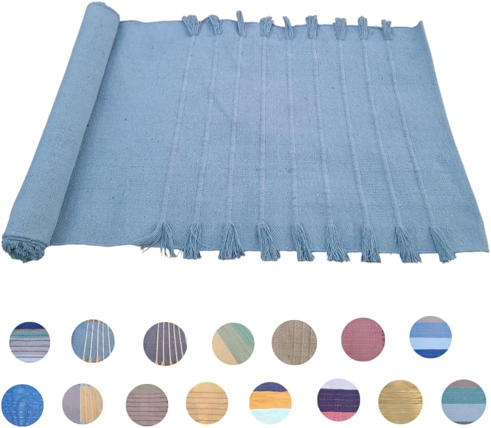 Indian Handmade100 % Organic Anti Skid Multi Colour Cotton Yoga Mat - Eco-Friendly Hand-Woven Rug - Non-Slip & Thick (24”x72”x5mm) for Hot yoga & Everyday Fitness at Home - Comfortable & Foldable Extra-Long Mat - color: Light Blue