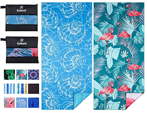 Microfiber Beach Towel Oversized 71x32 Blue Pink with Bag 2 Pack | Thin Lightweight Sand Free Absorbent Quick Dry Compact Large for Adult Travel Camping Pool Swim Bath Cruise Essentials Gift - color: 2 Pack Blue Shell Flamingo