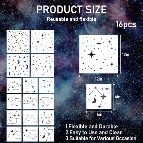Keluna Star Stencils for Wall Decor - 16 Pcs Reusable Star Moon Zodiac Constellation Stencils for Wood, Canvas, Furniture - style: star