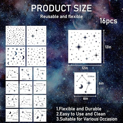Keluna Star Stencils for Wall Decor - 16 Pcs Reusable Star Moon Zodiac Constellation Stencils for Wood, Canvas, Furniture - style: star