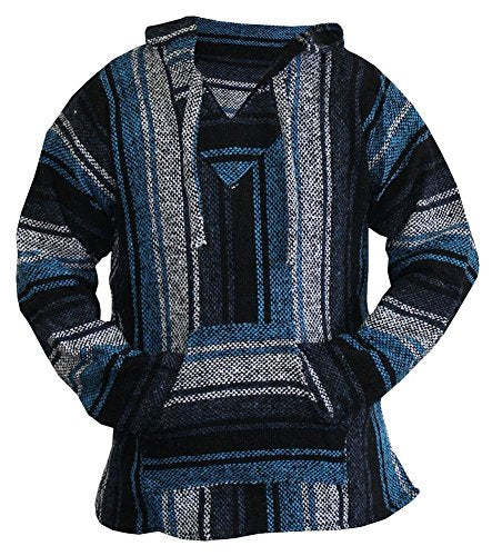 Del Mex Mexican Baja Hoodie Hippie Surf Poncho Sweater Sweatshirt Pullover Jerga - color: Blue/Gray, size: Medium