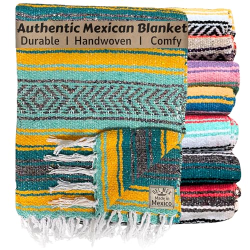 Del Mex Classic Mexican Blanket, Large Authentic Woven Falsa Throw (70"x50"), Artisan Southwest Décor for Beach, Yoga, Outdoors (Teal/Yellow) - color: Teal/Yellow