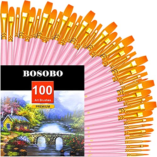 BOSOBO Paint Brushes Set, 10 Pack 100 Pcs Round Pointed Tip Paintbrushes Nylon Hair Artist Acrylic Paint Brushes for Acrylic Oil Watercolor, Face Nail Art, Miniature Detailing & Rock Painting, Pink - color: Pink, size: 10 Pack