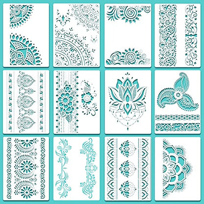Outus 12 Pcs Mandala Stencils for Painting | Templates Flower Stencils Mandala Reusable Rectangle Stencil, for Wood Floor Drawing Craft DIY Wall Tile Furniture Decoration