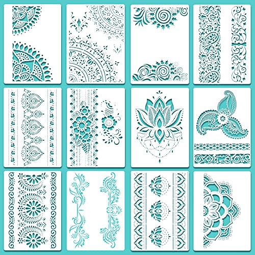 Outus 12 Pcs Mandala Stencils for Painting | Templates Flower Stencils Mandala Reusable Rectangle Stencil, for Wood Floor Drawing Craft DIY Wall Tile Furniture Decoration