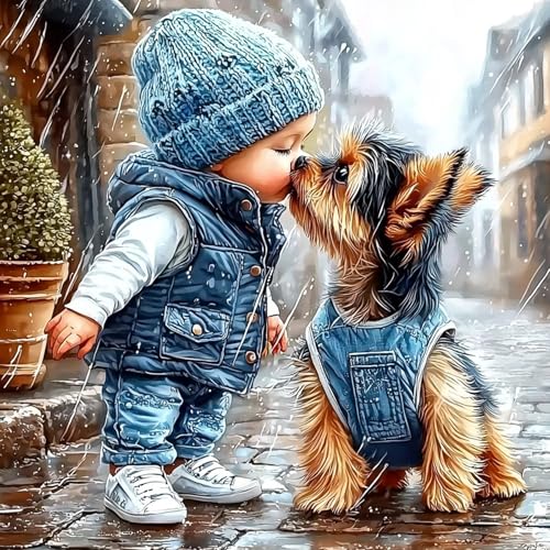 Bowetile Dog Diamond Art Kits for Adults Beginners, 5D Diamond Painting Boy Kiss Kits, DIY Full Round Drill Diamond Dots Paintings Picture Gem Art Craft Gifts for Home Wall Decor 12x12 Inch - color: Child and dog