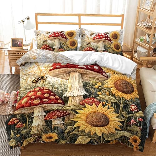 AILONEN Mushroom & Sunflower Duvet Cover Set Queen Size,Cartoon Flower Bee Quilt Cover with 2 Pillowcases, Soft Breathable 3Pcs - color: Mushroom110, size: Queen