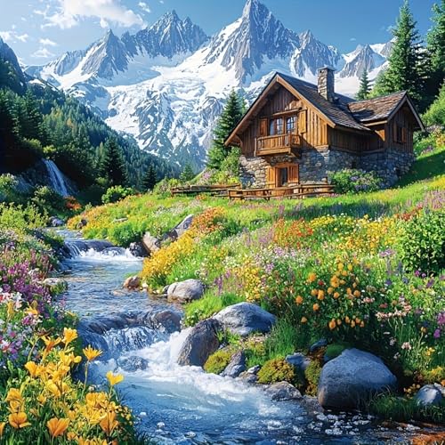 5D DIY Wildflower Wooden House Diamond Art Kits for Adults13.8x13.8 inch | Full Round Drill Diamond Paintings Kits for Beginners,Paint by Diamonds Dot Art Crafts,for Home Wall Art Decor - color: KM810-1