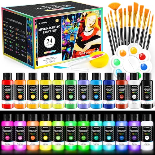 40 PCS Classic & Glow in the Dark Acrylic Paint Set, 24 Colors Art Paint | with 12 Brushes, 2 Knives & Palette, Paint for Adults Artists Beginners, Canvas Ceramic Rocks Wood Painting Kit Art Supplies - color: Mixed Colors, size: 2 Fl Oz (Pack of 24)