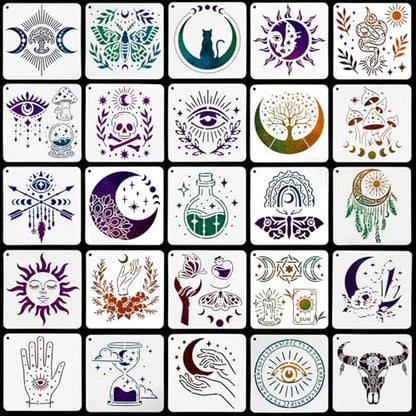 25 Pcs Wall Stencils for Painting, 6" Sun Moon Tarot Mandala Stencil, Mandala Tree of Life Art Stencils for Crafts Reusable Wood Wall Furniture Decor Gift Art